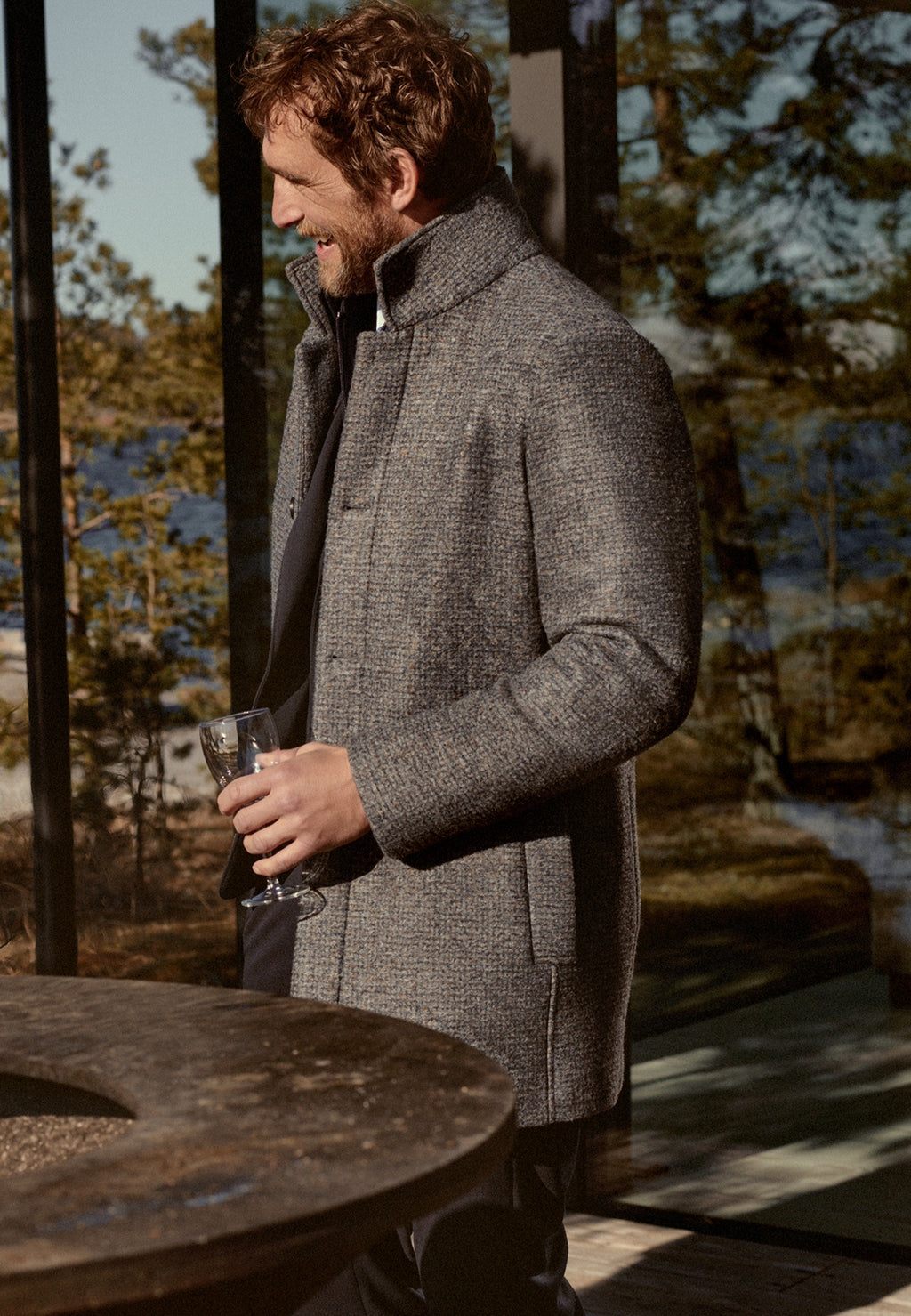Checked overcoat in bonded wool blend