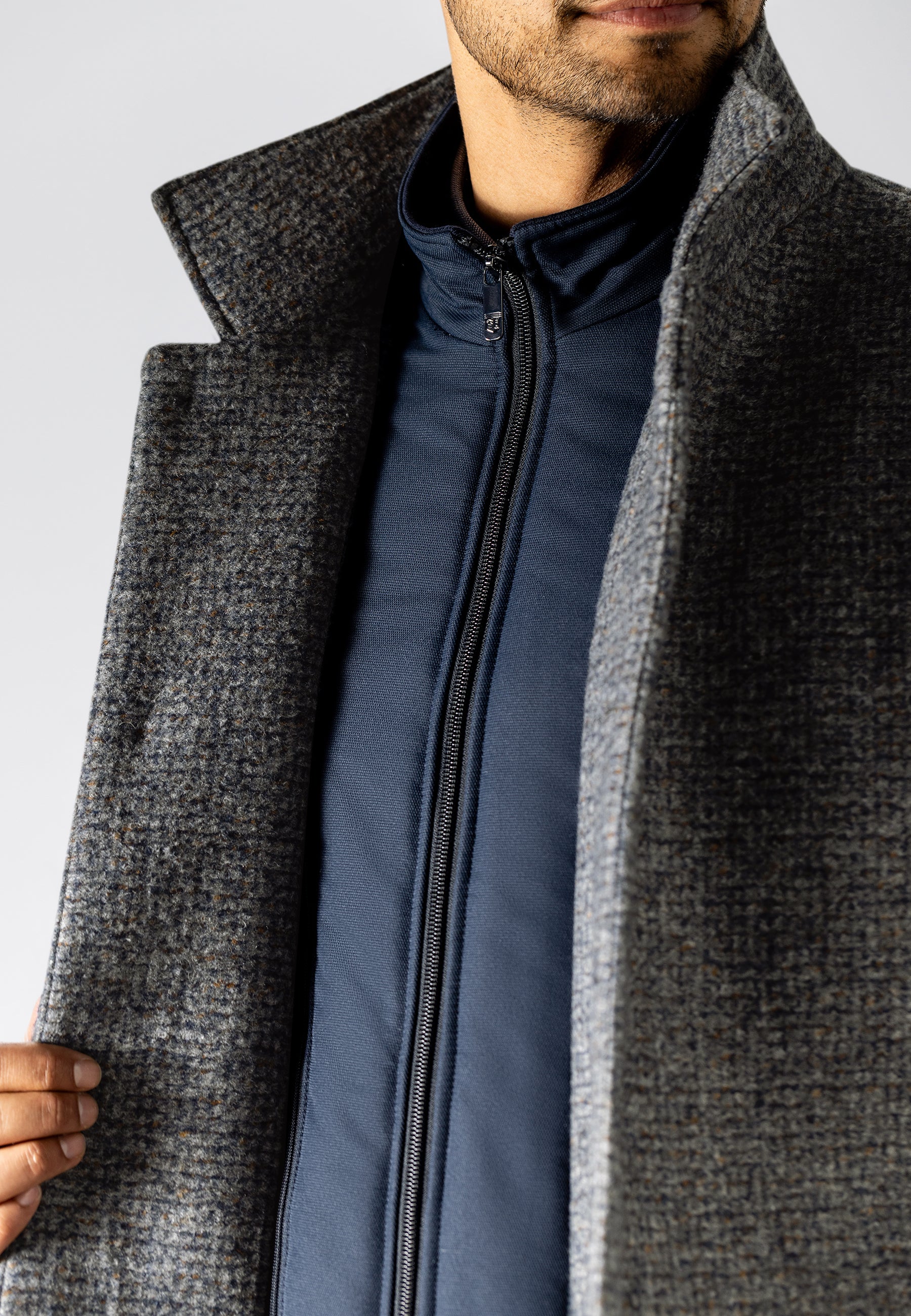 Checked overcoat in bonded wool blend