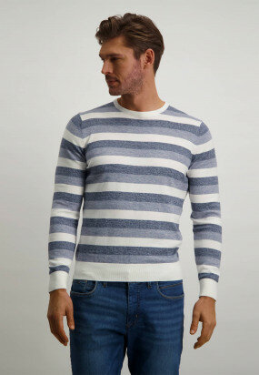 Striped-round-neck-jumper---off-white/grey-blue