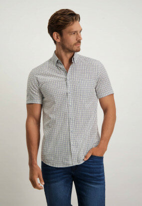 Short-sleeved-shirt-in-stretch-cotton---grey-blue/cognac