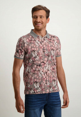 Kurzärmeliges-Poloshirt-mit-Blumenprint---hellbeige/koralle