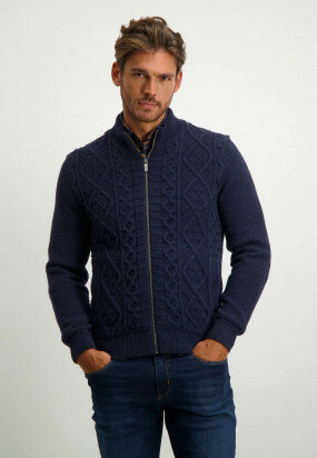 Lambswool-blend-cable-knit-cardigan---dark-blue/medium-grey