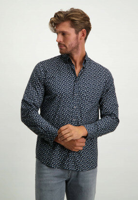 Button-down-overhemd-van-stretch-katoen---donkerblauw/zilvergrijs