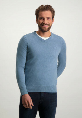 Pullover-mit-V-Ausschnitt-aus-Baumwolle---grau-blau-uni