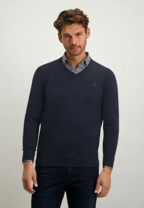Pullover-mit-V-Ausschnitt-aus-Baumwolle---dunkelblau-uni