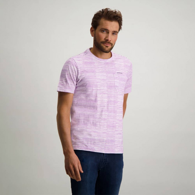 Gestreept-T-shirt-met-ronde-hals-en-borstzak---violet/wit